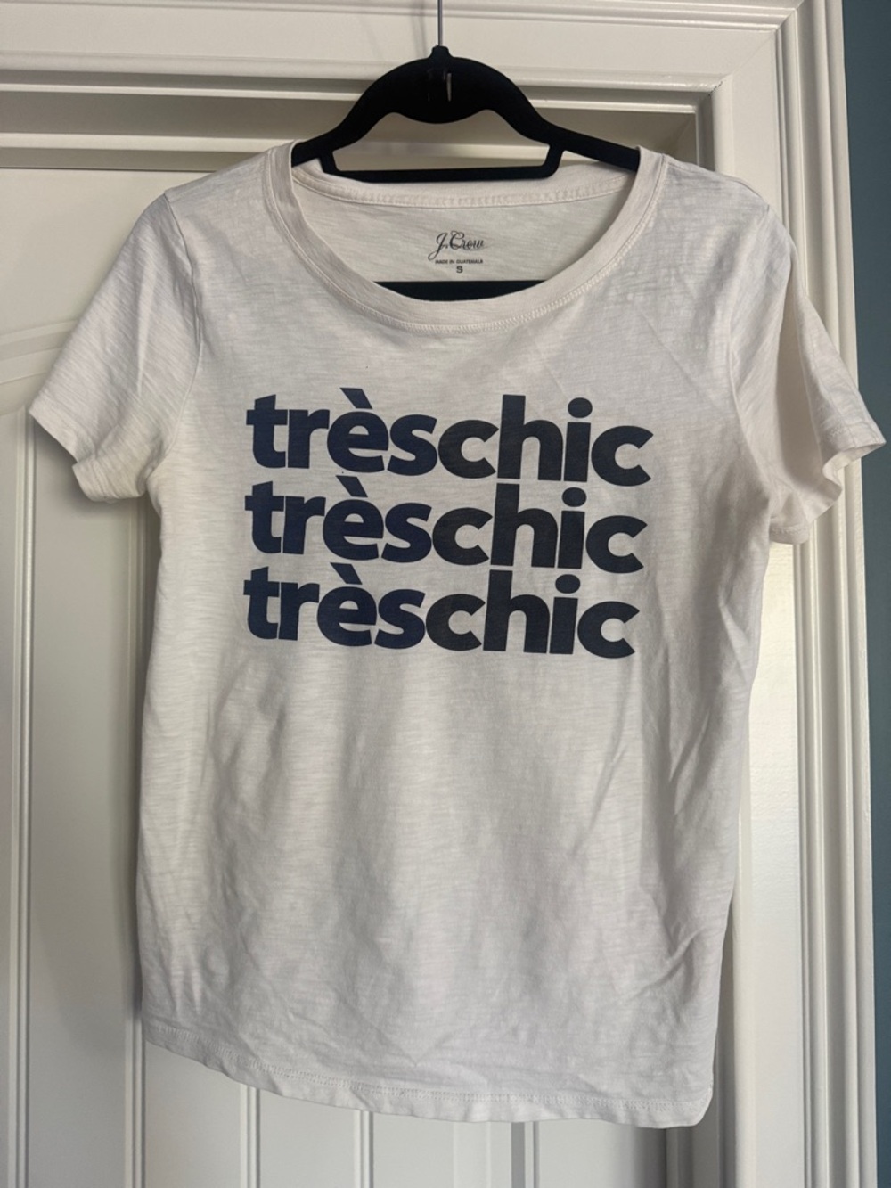 J. Crew White Tee with Navy 'trèschic' Graphic